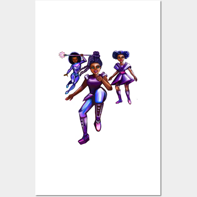 Black anime superhero girls from outer space! beautiful  black girl with Afro hair, brown eyes, Cherry pink lips and dark brown skin. Hair love ! Wall Art by Artonmytee